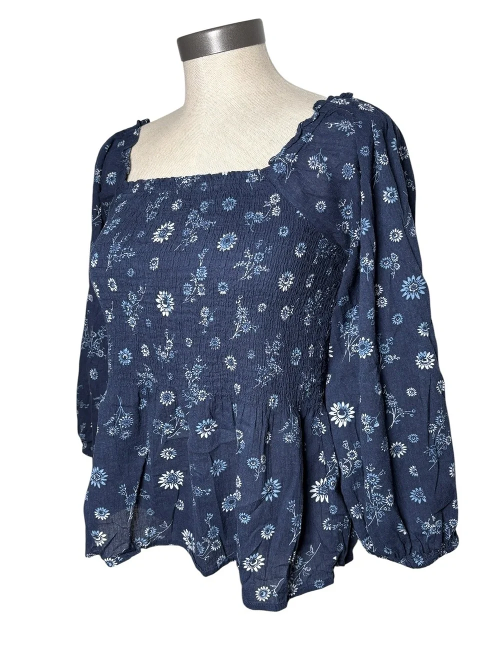 Madewell Lucie Blue Floral Smocked Peplum Blouse Size 2 Cottagecore Cotton